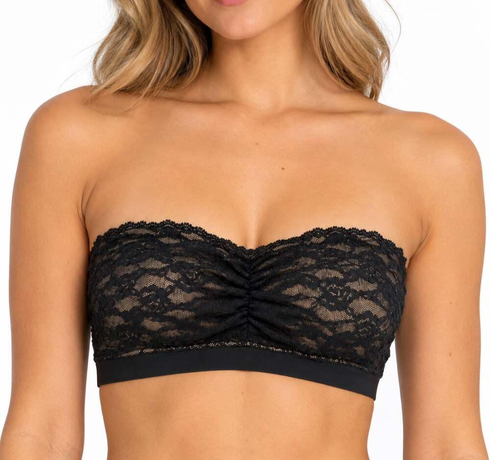 Maiden Form Black Lace Strapless Bandeau Bra Ruched Front Bralette
